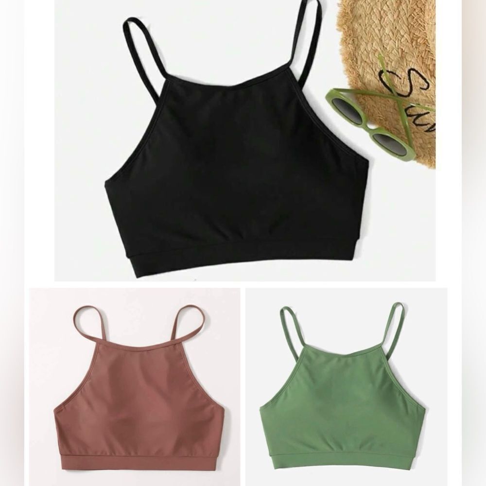 SHEIN Solid Adjustable Strap Tankini Top (Green, Black, Brown)